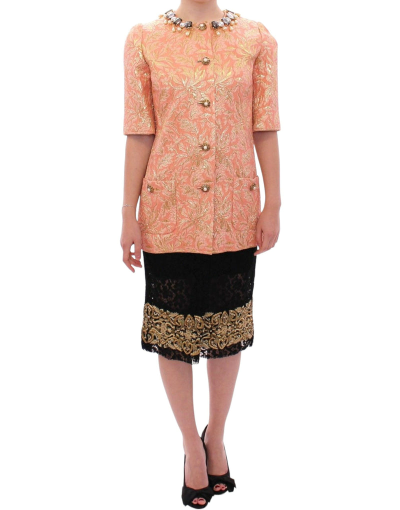 Pink Silk Brocade Crystal Jacket Coat-Dolce & Gabbana-LabelTerrace.com