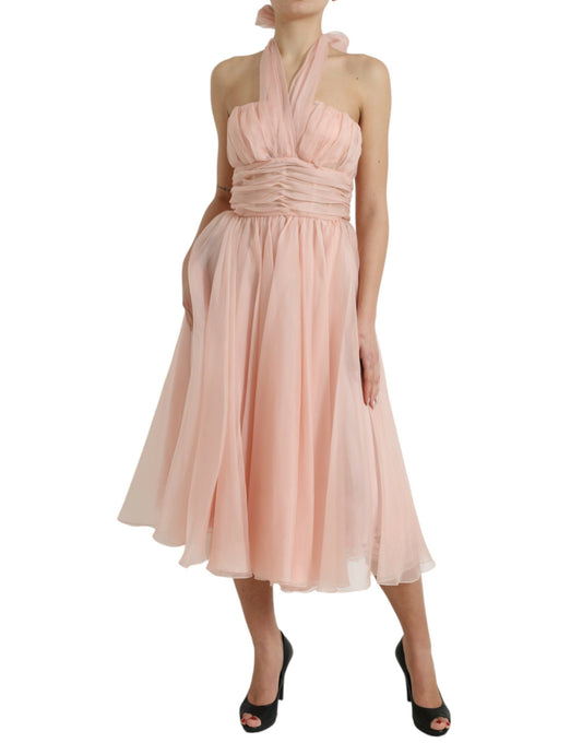 Pink Silk Chiffon Halter A-line Pleated Midi Dress-Dolce & Gabbana-LabelTerrace.com