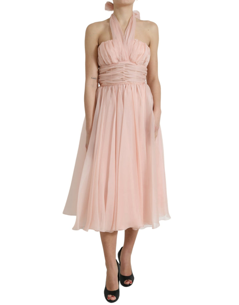 Pink Silk Chiffon Halter A-line Pleated Midi Dress-Dolce & Gabbana-LabelTerrace.com