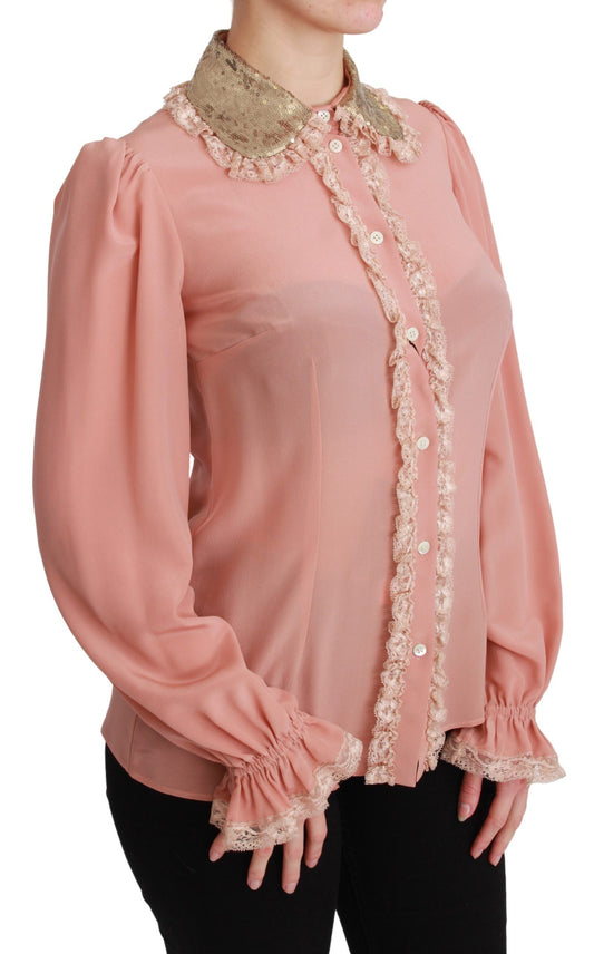 Pink Silk Gold Sequin Lace Blouse Shirt-Dolce & Gabbana-LabelTerrace.com