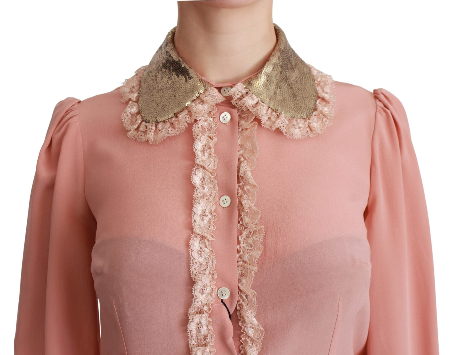 Pink Silk Gold Sequin Lace Blouse Shirt-Dolce & Gabbana-LabelTerrace.com