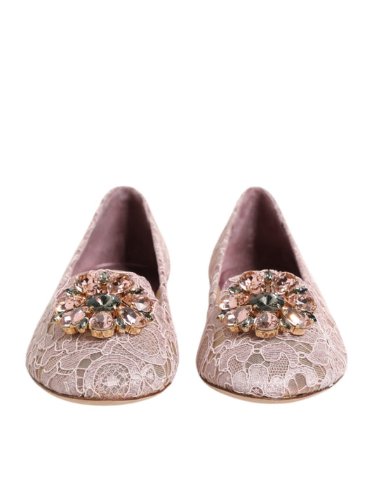 Pink Taormina Lace Crystals Flats Shoes-Dolce & Gabbana-LabelTerrace.com