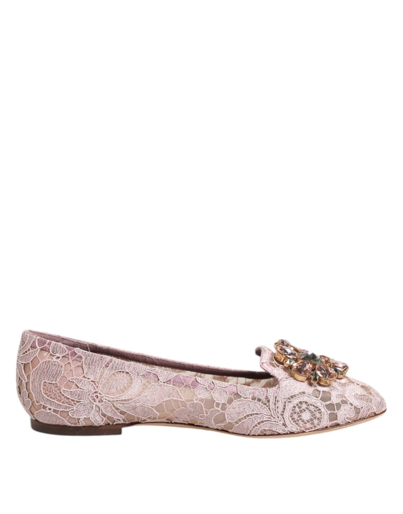 Pink Taormina Lace Crystals Flats Shoes-Dolce & Gabbana-LabelTerrace.com