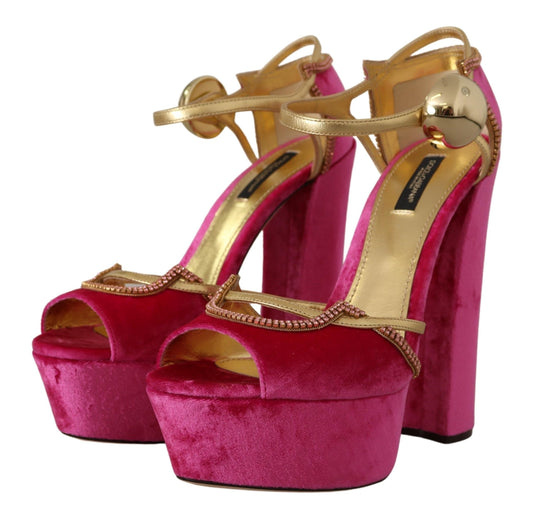 Pink Velvet Crystal Ankle Strap Sandals Shoes-Dolce & Gabbana-LabelTerrace.com