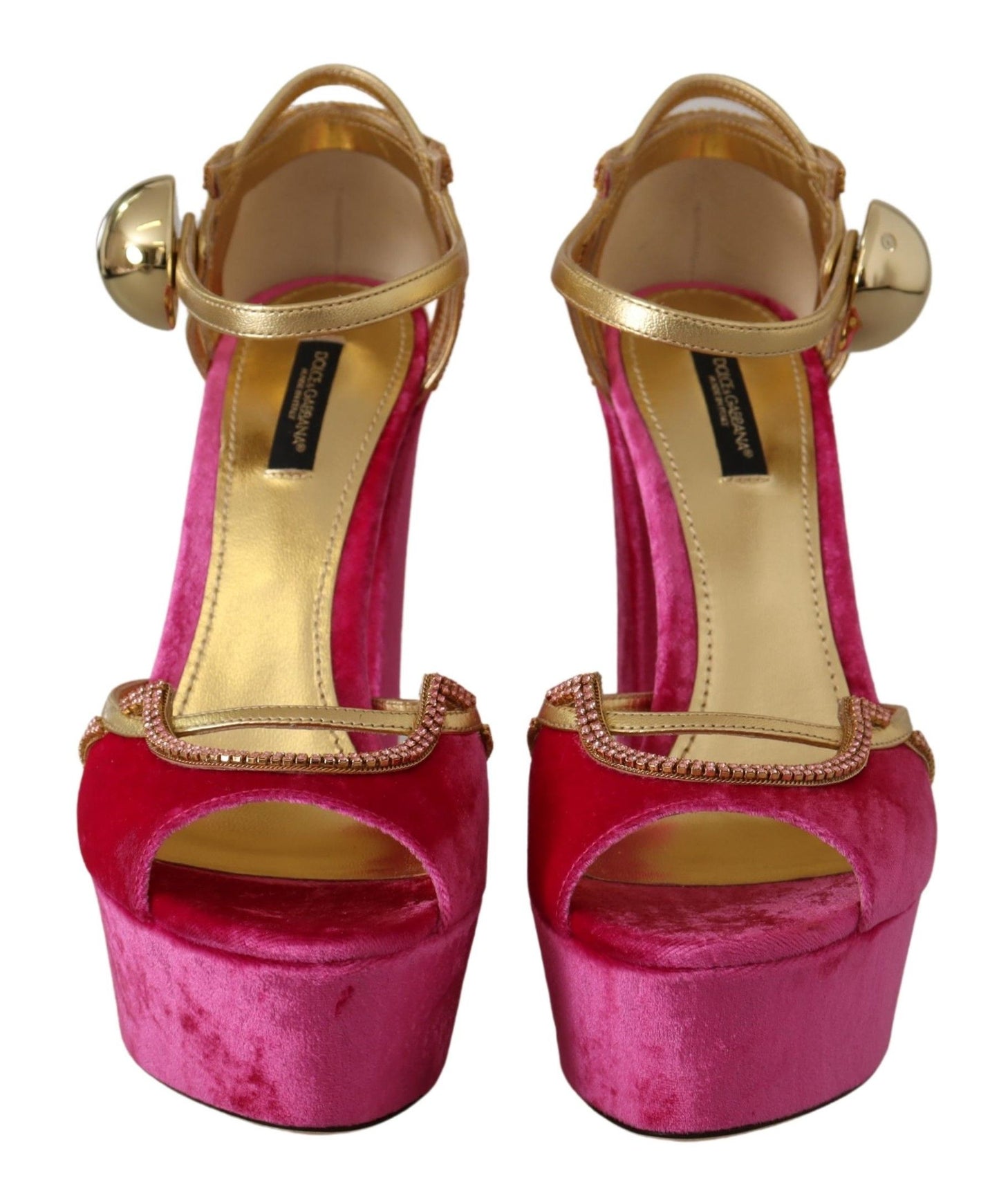 Pink Velvet Crystal Ankle Strap Sandals Shoes-Dolce & Gabbana-LabelTerrace.com