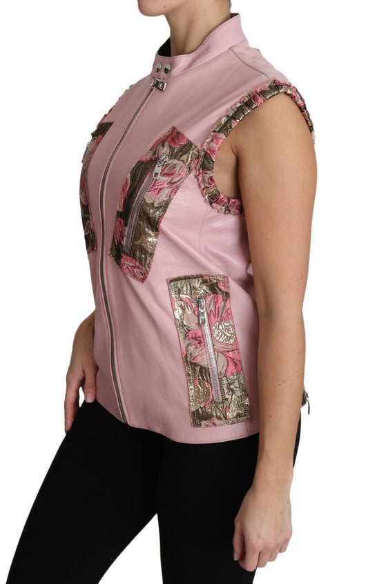 Pink Zippered Lamb Sleeveless Vest Leather Jacket-Dolce & Gabbana-LabelTerrace.com