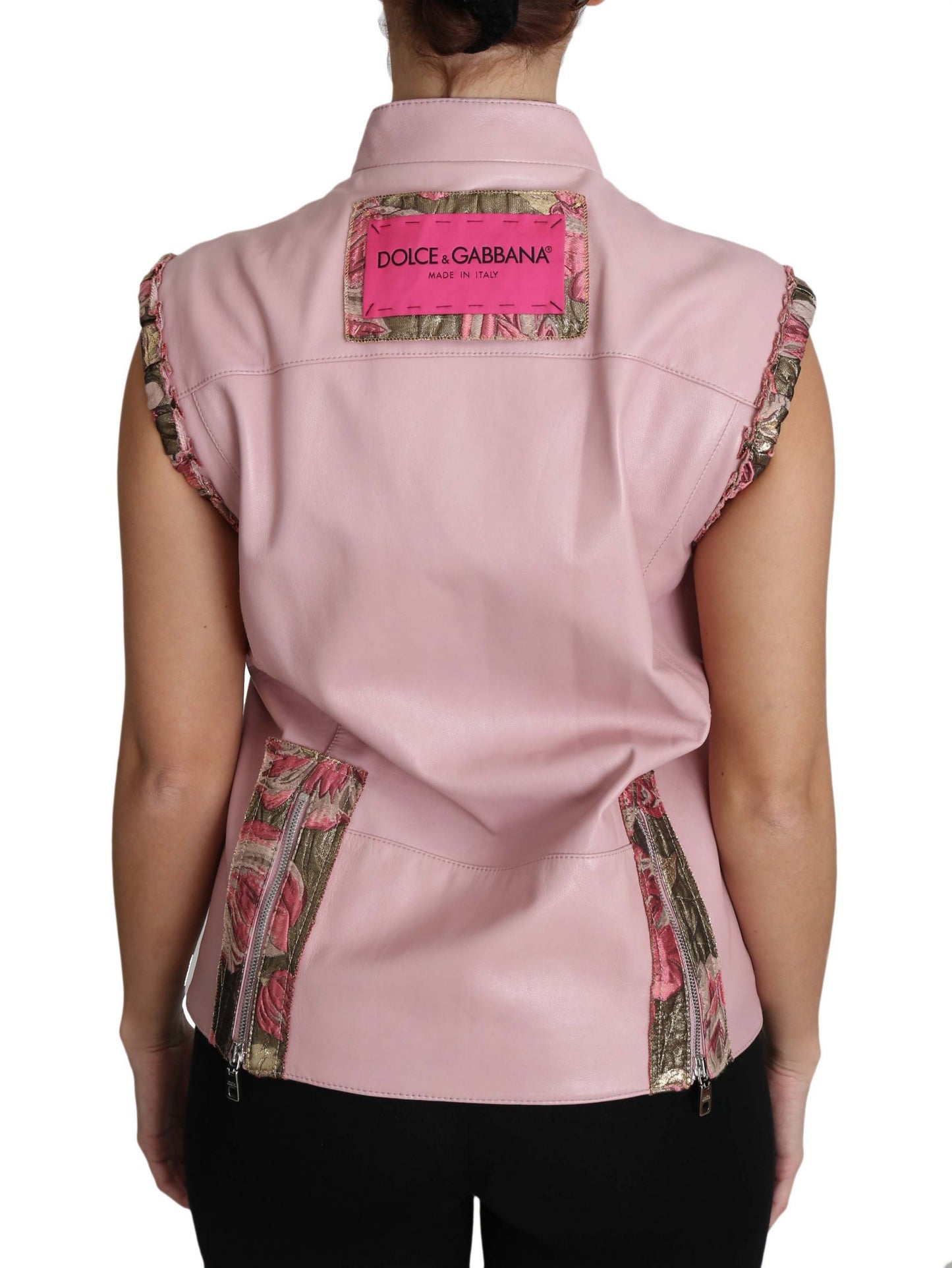 Pink Zippered Lamb Sleeveless Vest Leather Jacket-Dolce & Gabbana-LabelTerrace.com