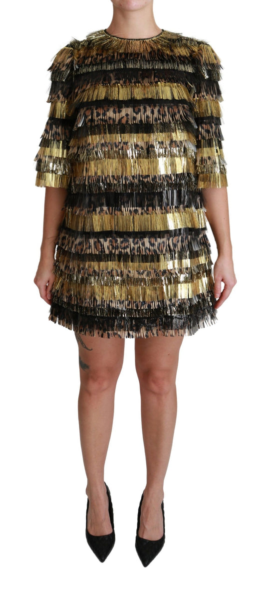 Polyester Black Gold Leopard Shift Mini Dress-Dolce & Gabbana-LabelTerrace.com