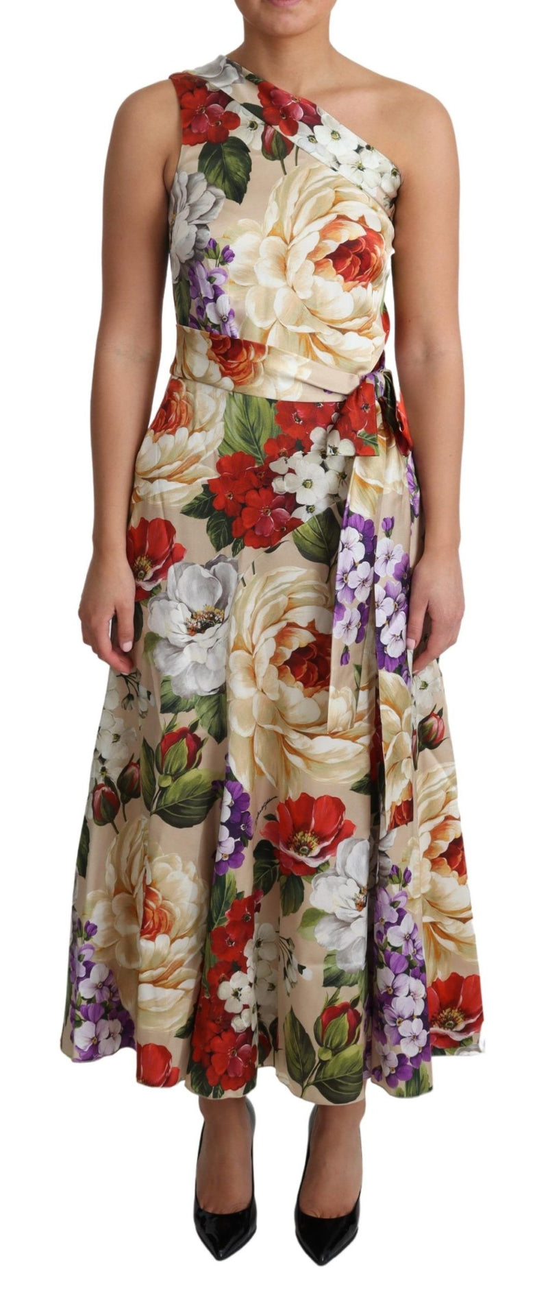 Print Silk Stretch One Shoulder Dress Floral-Dolce & Gabbana-LabelTerrace.com