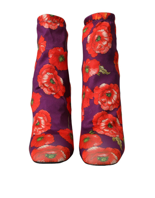 Purple Floral Jersey Stretch Boots Shoes-Dolce & Gabbana-LabelTerrace.com