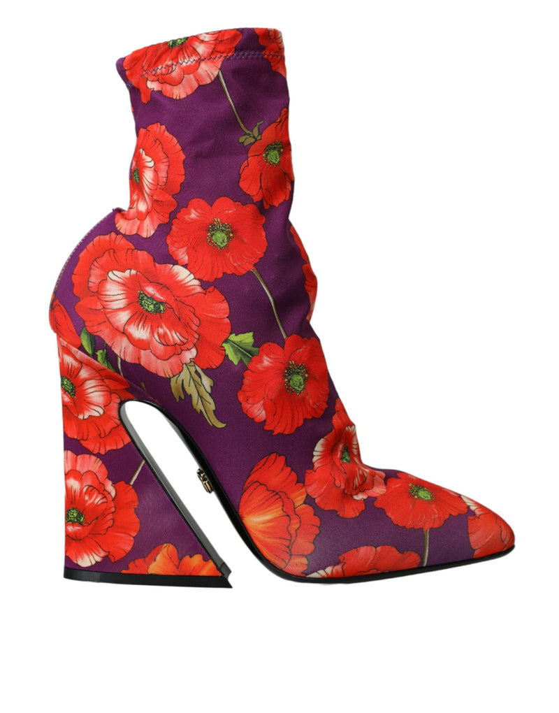 Purple Floral Jersey Stretch Boots Shoes-Dolce & Gabbana-LabelTerrace.com
