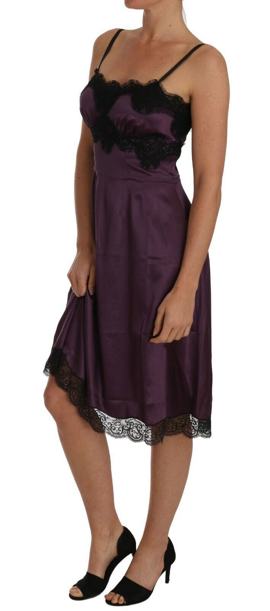 Purple Silk Stretch Black Lace A-Line Dress-Dolce & Gabbana-LabelTerrace.com