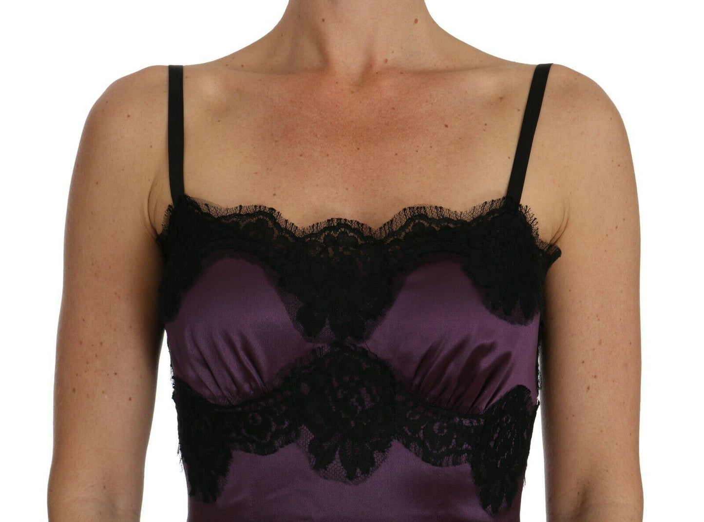 Purple Silk Stretch Black Lace A-Line Dress-Dolce & Gabbana-LabelTerrace.com
