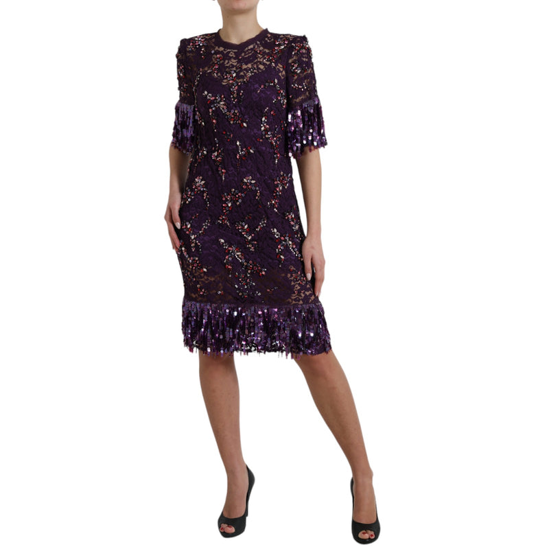 Purple floral lace crystal embedded dress-Dolce & Gabbana-LabelTerrace.com