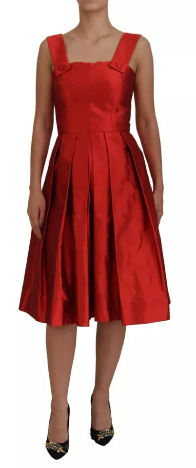 Red A-line Pleated Midi Satin Silk Dress-Dolce & Gabbana-LabelTerrace.com