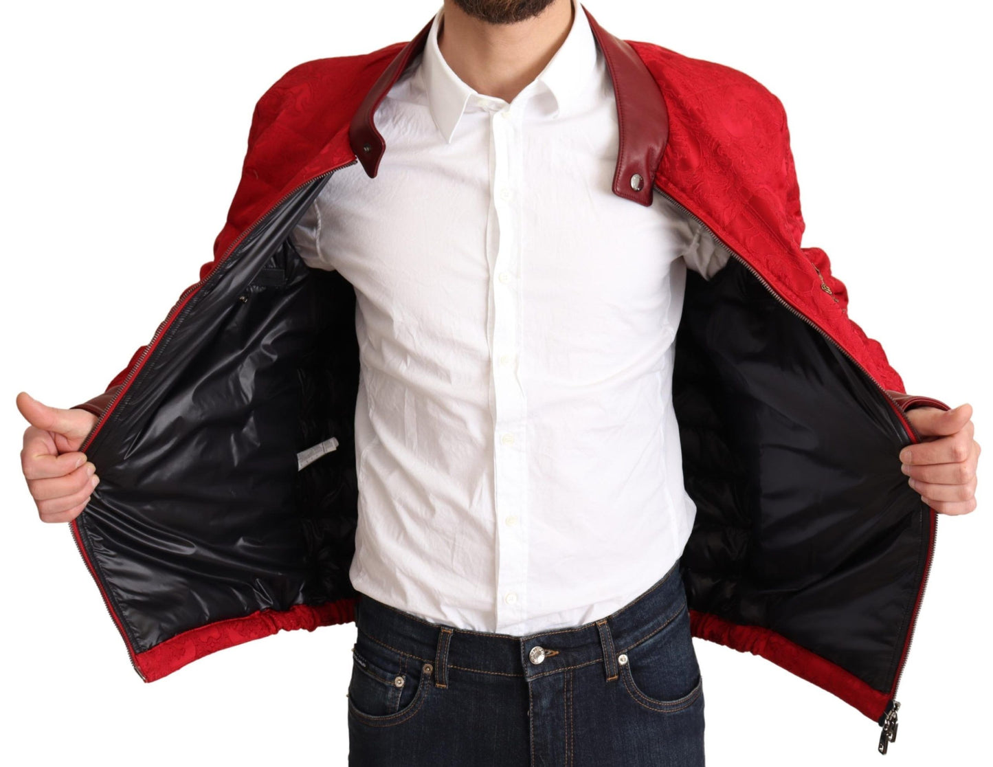 Red Brocade Bomber Gold Crown Logo Coat Jacket-Dolce & Gabbana-LabelTerrace.com