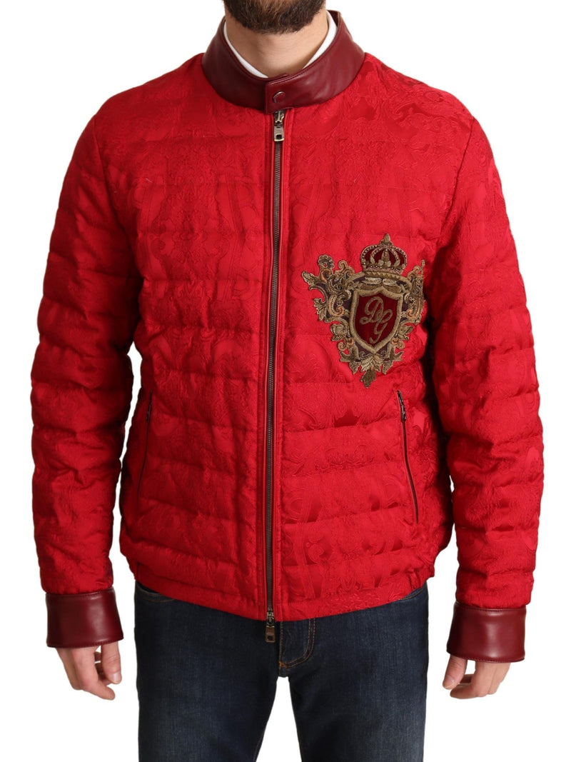 Red Brocade Bomber Gold Crown Logo Coat Jacket-Dolce & Gabbana-LabelTerrace.com