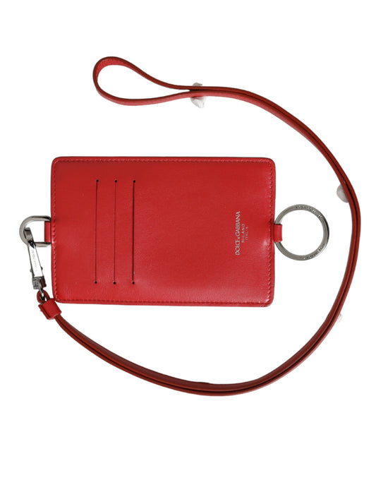 Red Calfskin Leather Lanyard Logo Card Holder Wallet-Dolce & Gabbana-LabelTerrace.com
