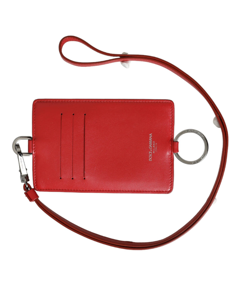 Red Calfskin Leather Lanyard Logo Card Holder Wallet-Dolce & Gabbana-LabelTerrace.com
