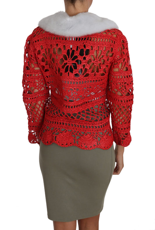 Red Cardigan Crochet Knit Raffia Sweater-Dolce & Gabbana-LabelTerrace.com