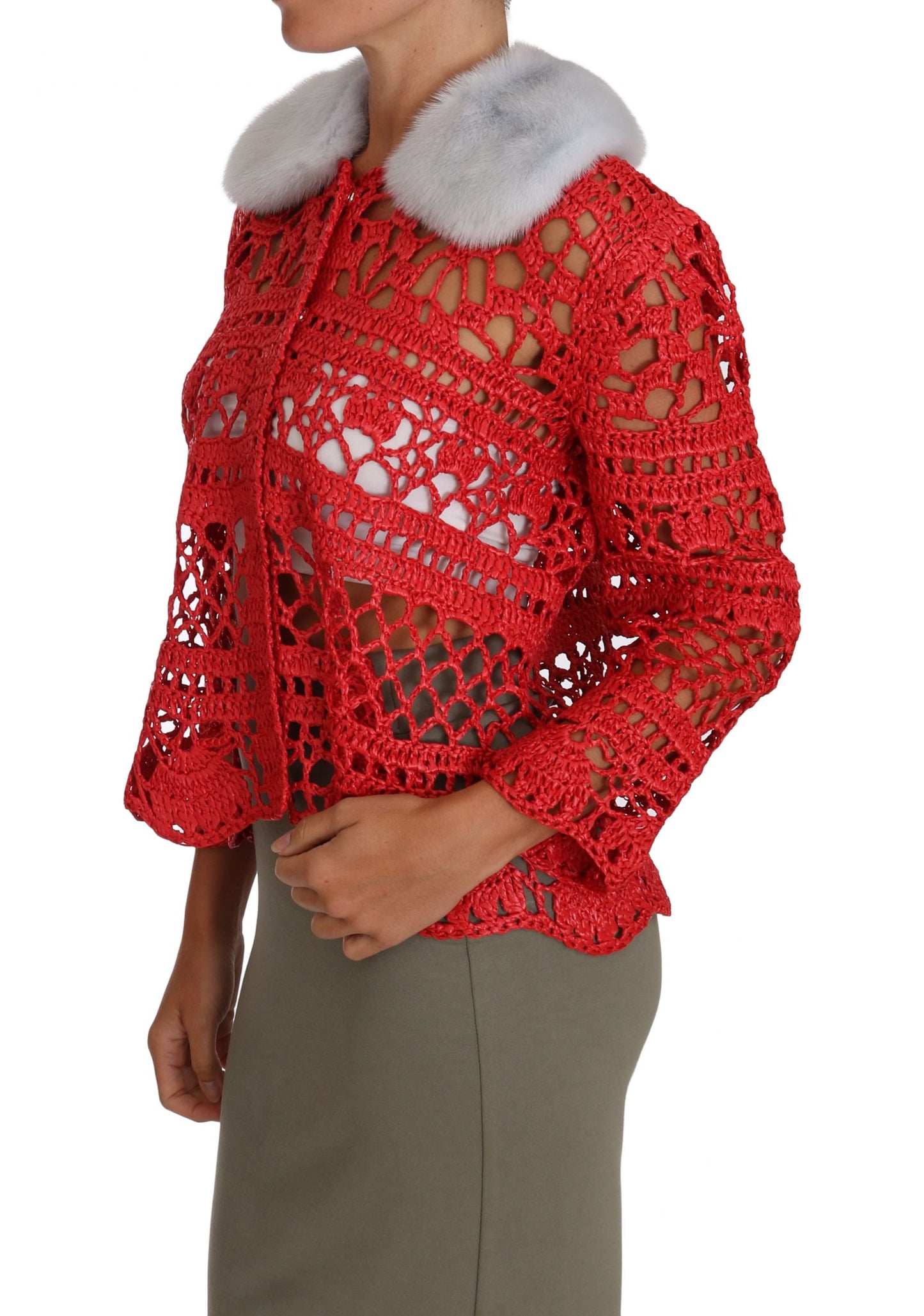 Red Cardigan Crochet Knit Raffia Sweater-Dolce & Gabbana-LabelTerrace.com