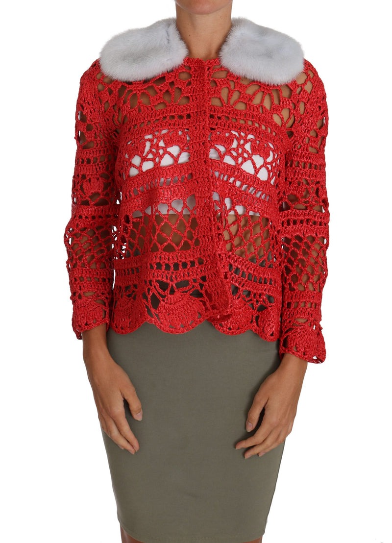 Red Cardigan Crochet Knit Raffia Sweater-Dolce & Gabbana-LabelTerrace.com
