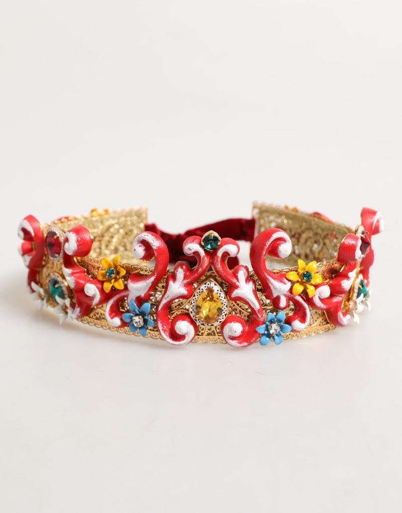 Red Carretto Multicolor Crystal Gold Tiara Crow Headband-Dolce & Gabbana-LabelTerrace.com