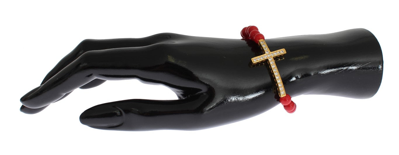 Red Coral Gold CZ Cross 925 Silver Bracelet-Nialaya-LabelTerrace.com