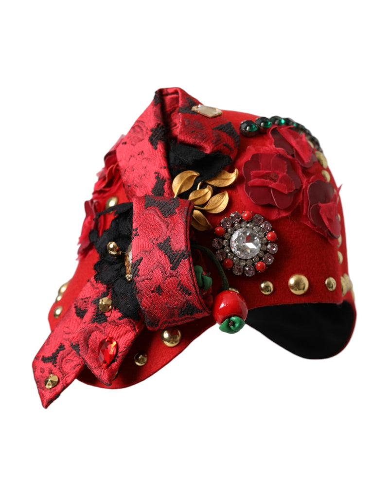 Red Crystal Gold Roses Brooch Embellished Hat-Dolce & Gabbana-LabelTerrace.com