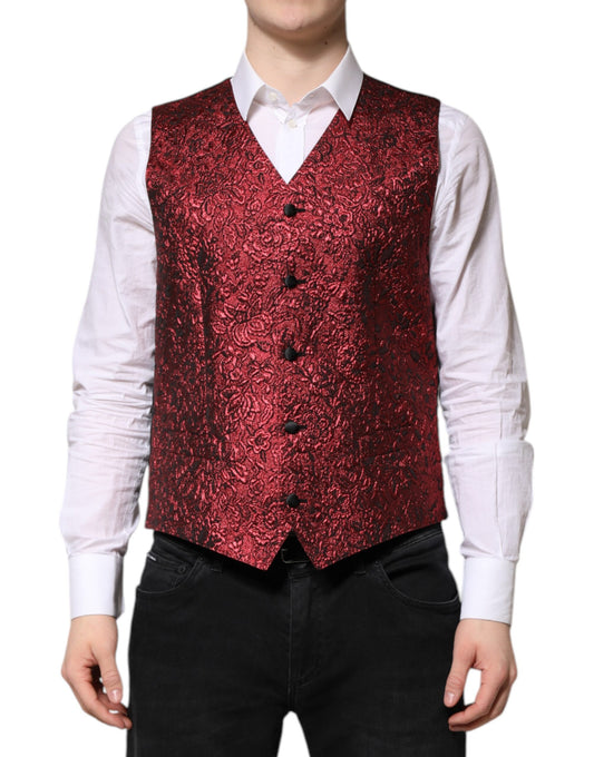 Red Floral Brocade Formal Men Waistcoat Vest-Dolce & Gabbana-LabelTerrace.com