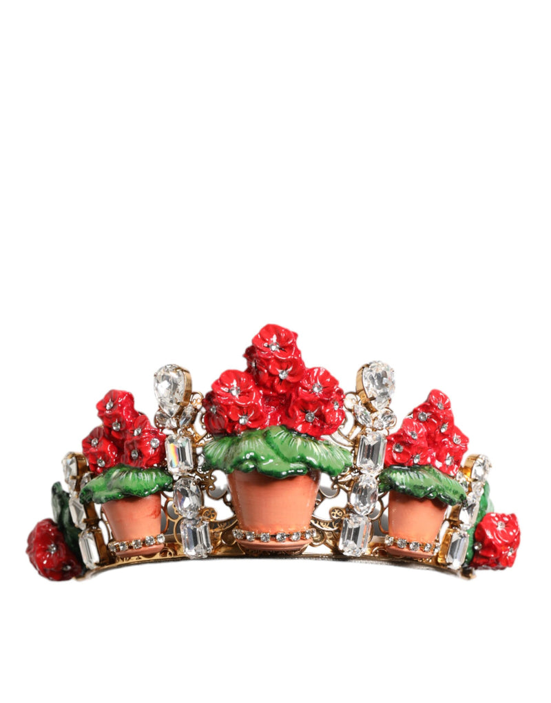 Red Floral Flowerpot Crystal Gold Crown Tiara Headband-Dolce & Gabbana-LabelTerrace.com