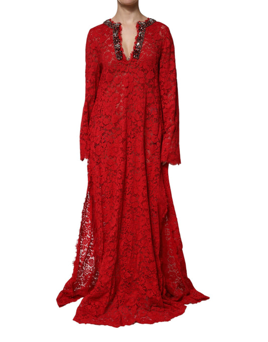 Red Floral Lace Rhinestone Embellished Dress-Dolce & Gabbana-LabelTerrace.com