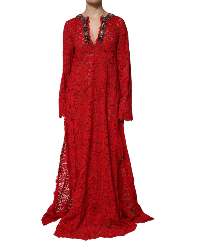 Red Floral Lace Rhinestone Embellished Dress-Dolce & Gabbana-LabelTerrace.com