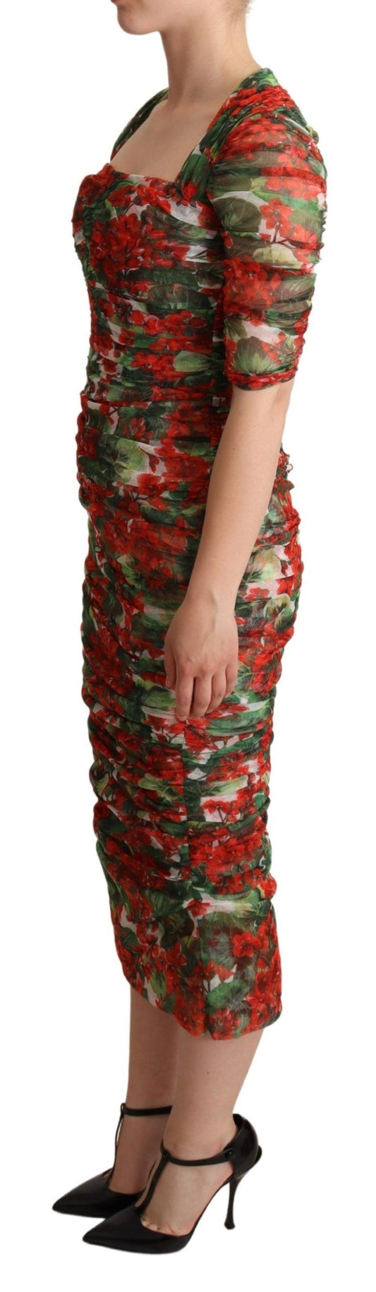 Red Floral Print Tulle Sheath Midi Dress-Dolce & Gabbana-LabelTerrace.com