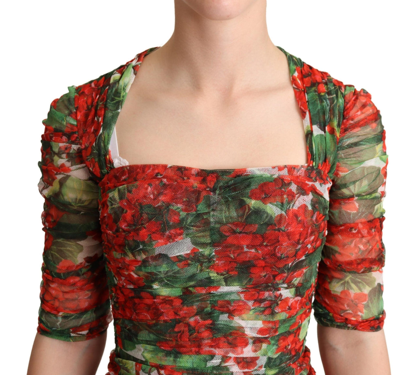Red Floral Print Tulle Sheath Midi Dress-Dolce & Gabbana-LabelTerrace.com