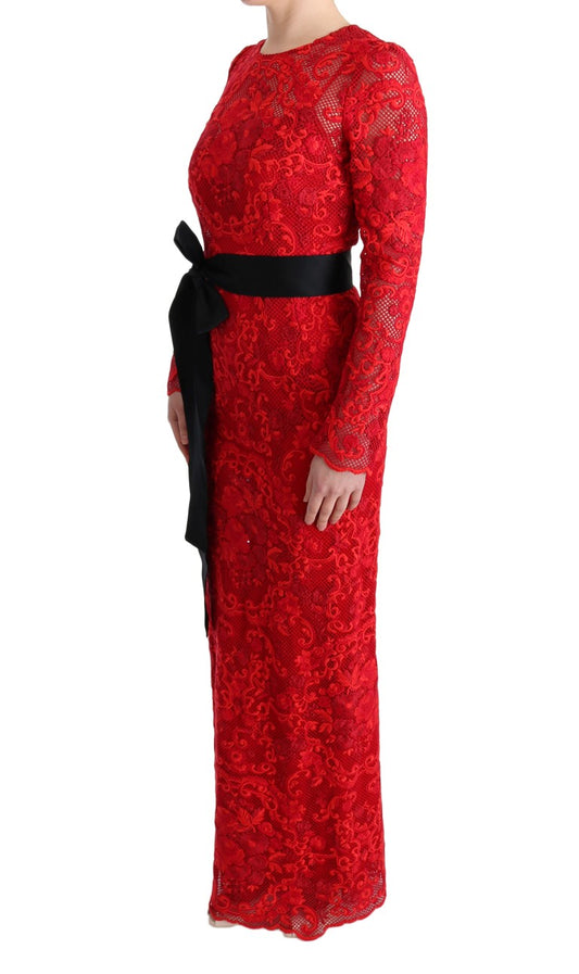 Red Floral Ricamo Sheath Long Dress-Dolce & Gabbana-LabelTerrace.com