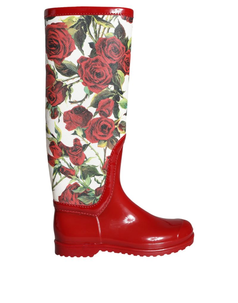Red Floral Rubber Knee High Flat Boots Shoes-Dolce & Gabbana-LabelTerrace.com