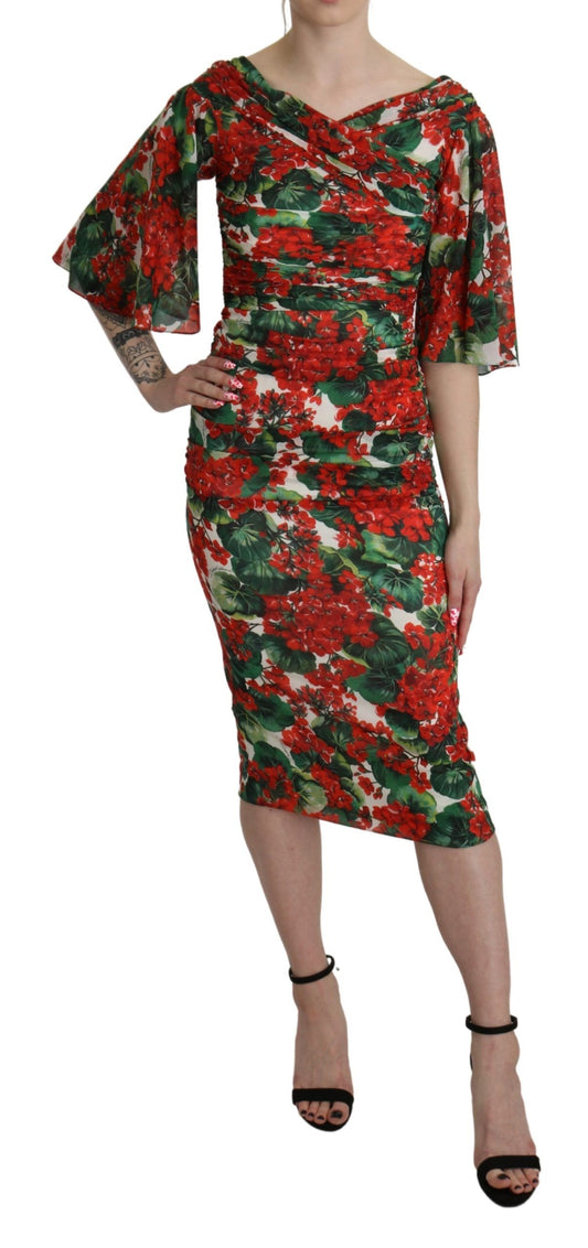 Red Floral Sheath Midi Silk Stretch Dress-Dolce & Gabbana-LabelTerrace.com