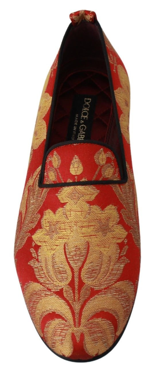 Red Gold Brocade Slippers Loafers Shoes-Dolce & Gabbana-LabelTerrace.com