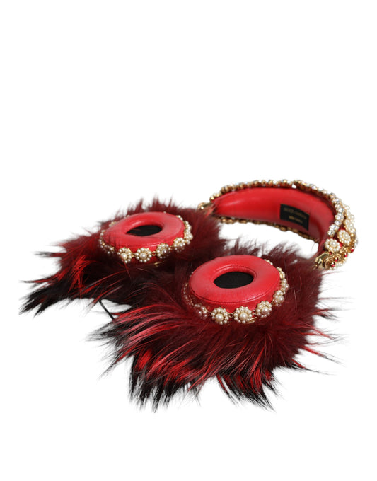 Red Gold Crystal Fur Headset Audio AUX Headphones-Dolce & Gabbana-LabelTerrace.com