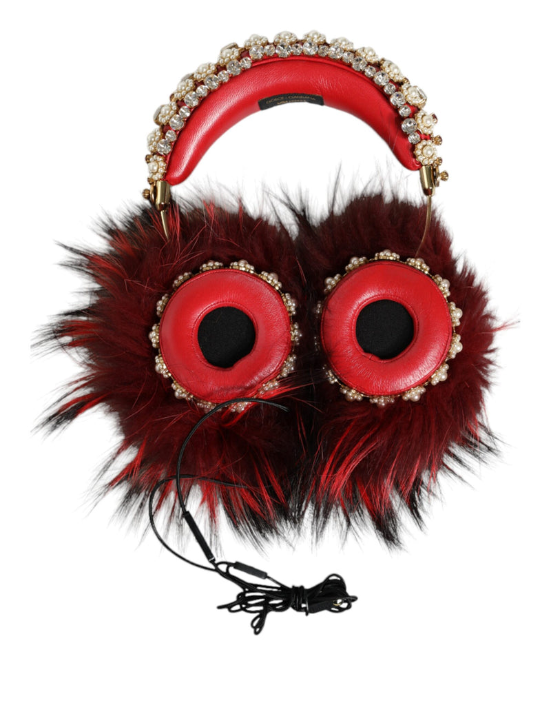 Red Gold Crystal Fur Headset Audio AUX Headphones-Dolce & Gabbana-LabelTerrace.com