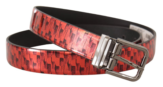 Red Herringbone Leather Gray Tone Buckle Belt-Dolce & Gabbana-LabelTerrace.com