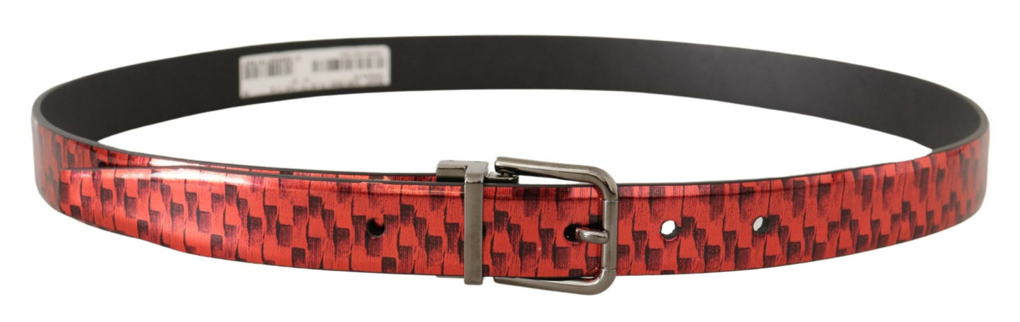 Red Herringbone Leather Gray Tone Buckle Belt-Dolce & Gabbana-LabelTerrace.com