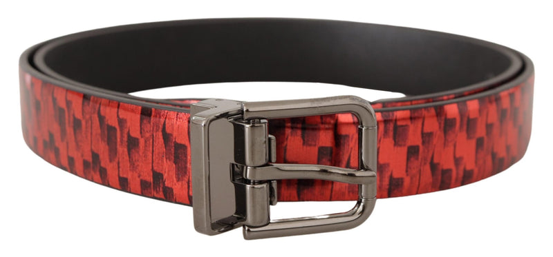 Red Herringbone Leather Gray Tone Buckle Belt-Dolce & Gabbana-LabelTerrace.com
