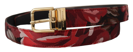 Red Jacquard Rose Leather Gold Metal Buckle Belt-Dolce & Gabbana-LabelTerrace.com