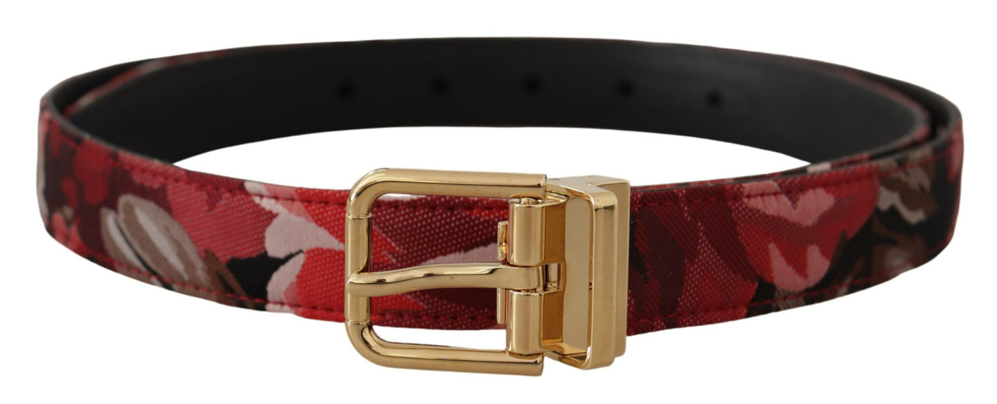 Red Jacquard Rose Leather Gold Metal Buckle Belt-Dolce & Gabbana-LabelTerrace.com