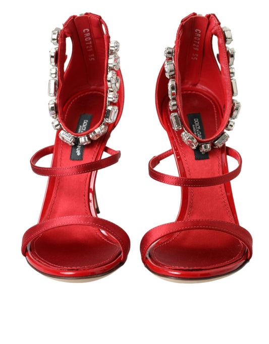 Red Keira Satin Crystals Sandals Heels Shoes-Dolce & Gabbana-LabelTerrace.com