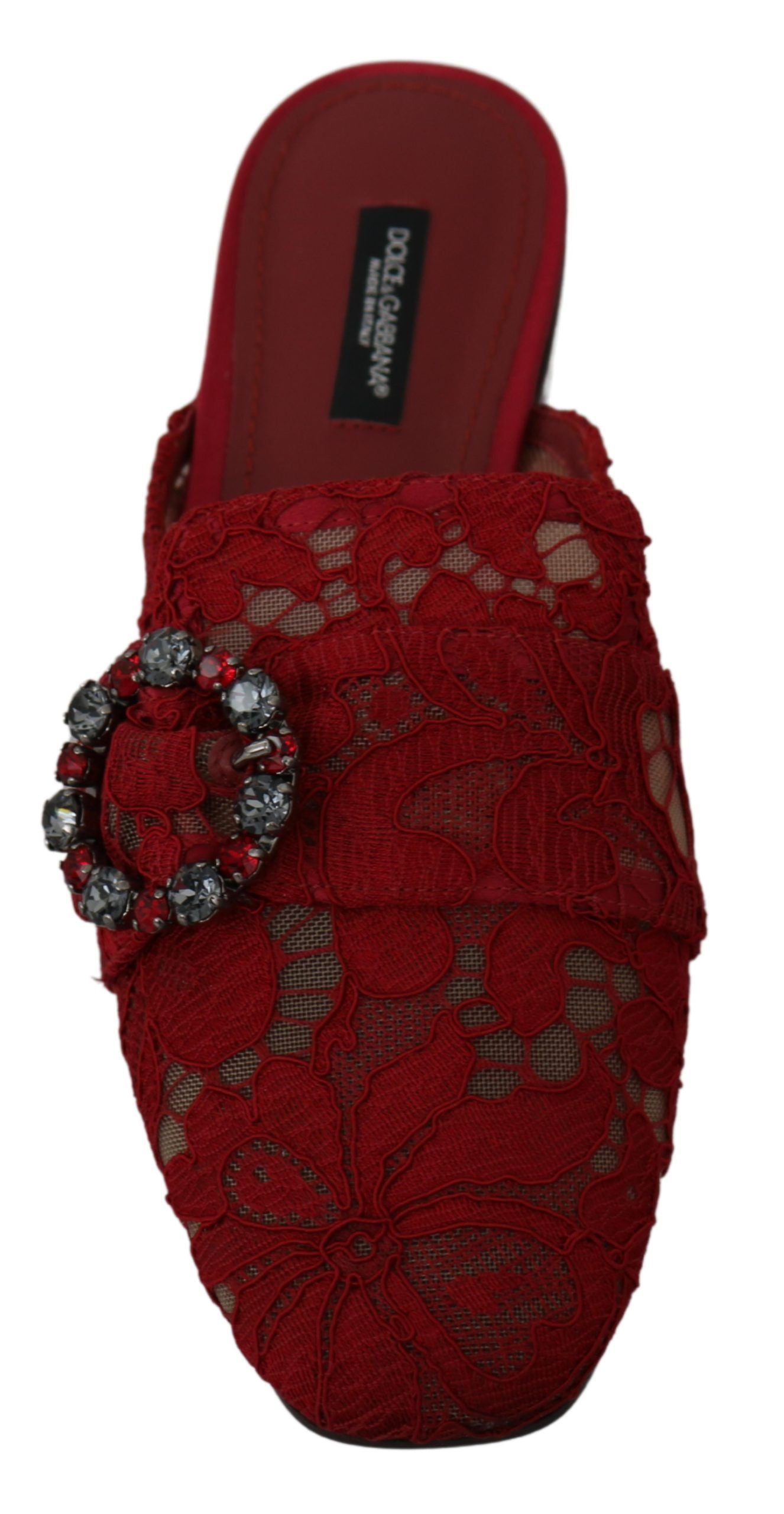 Red Lace Crystal Slide On Flats Shoes-Dolce & Gabbana-LabelTerrace.com