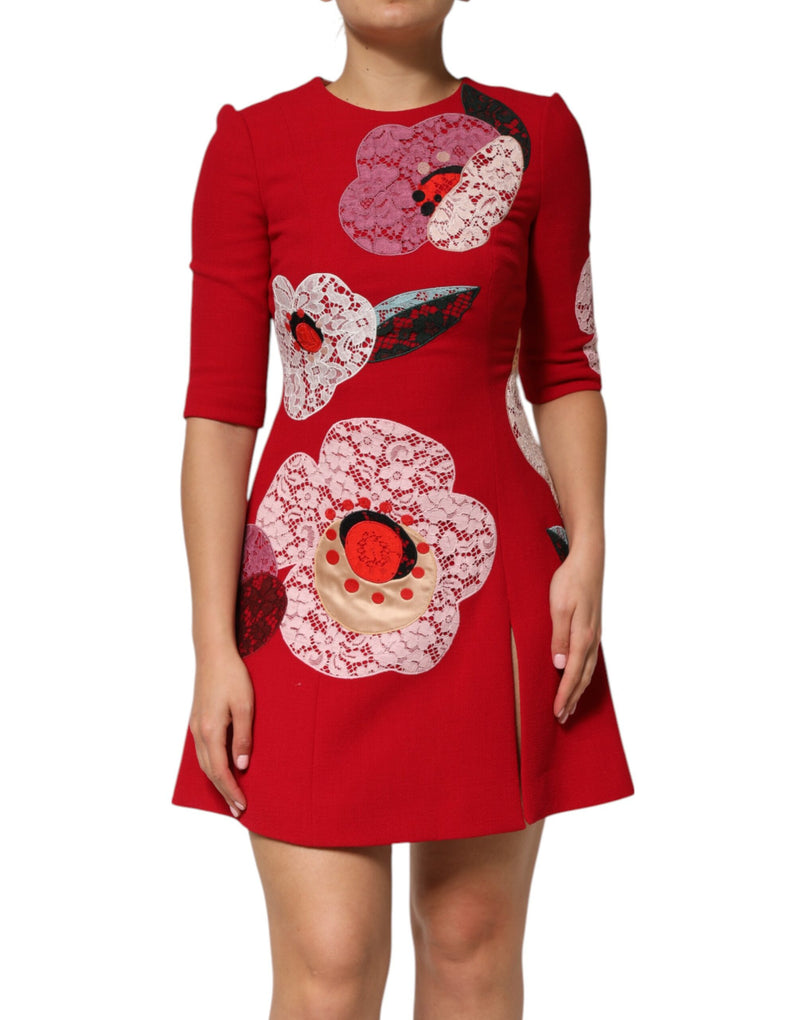 Red Lace Floral Applique A-line Mini Dress-Dolce & Gabbana-LabelTerrace.com