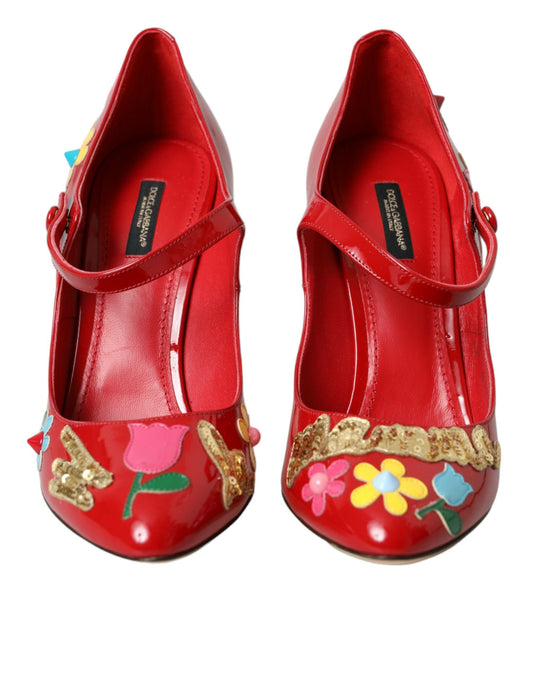 Red Leather Embellished Mary Jane Pumps Heels Shoes-Dolce & Gabbana-LabelTerrace.com